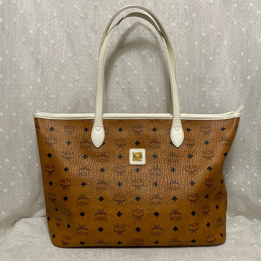 *SOLD*MCM Visetos Zip Top Cognac Brown Coated Canvas Tote - Picture 1 of 17